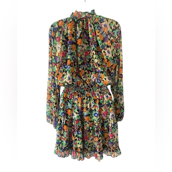 Lavender Brown Floral Mini Dress XS V-Neck, Long Sleeve, Tiered Skirt, Black - Picture 3 of 8